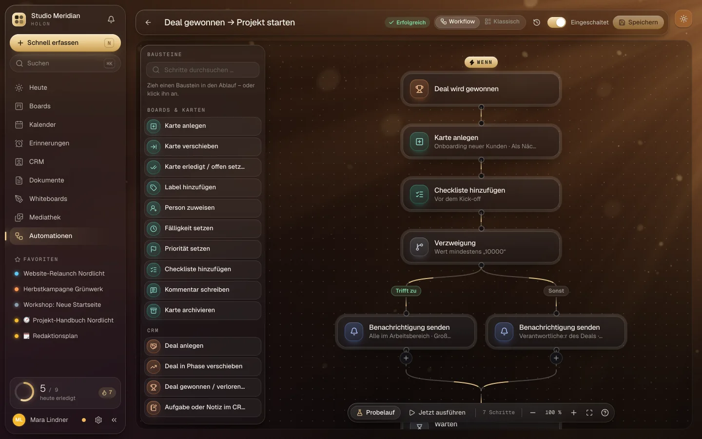 Die Workflow-Ansicht einer Automation: Deal gewonnen, Karte anlegen, Checkliste, Verzweigung.
