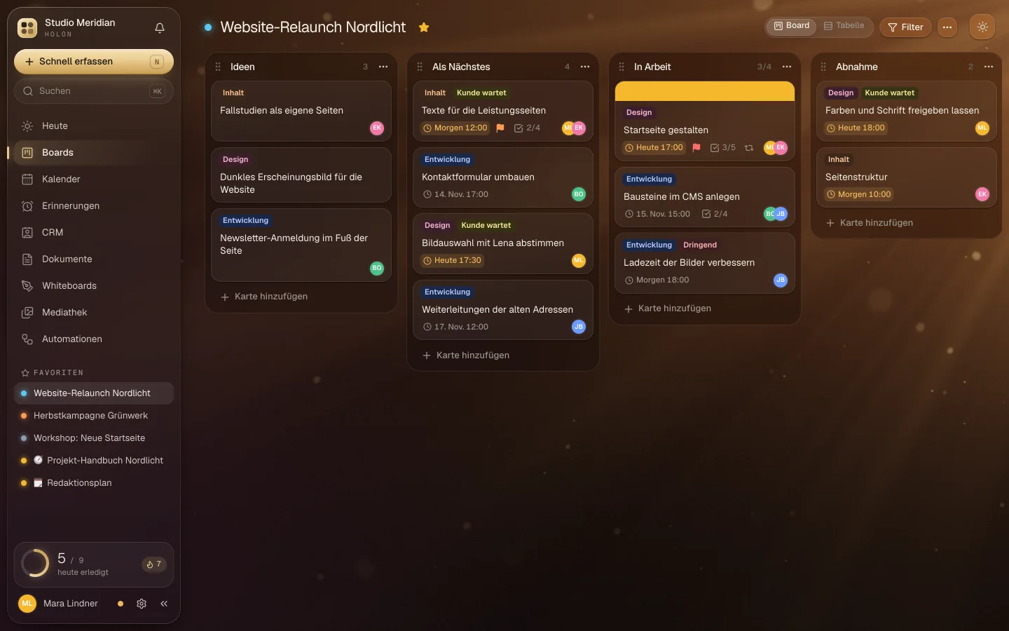 Ein Board mit den Listen Ideen, Als Nächstes, In Arbeit und Abnahme.
